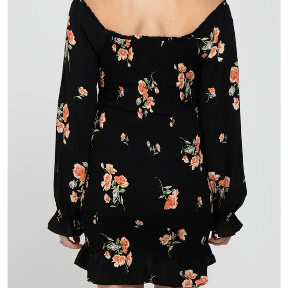 Black Floral Long Sleeve Smocked Maternity Mini Dress - Picture 4 of 5